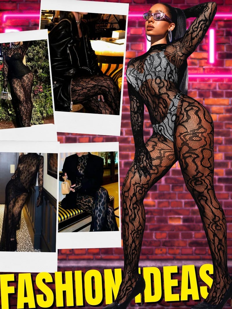 EHSUYAB Women Sexy Fishnet Full Bodysuit, Mesh Lace Poster Jumpsuit Glow Party Rave Outfits, Body Stockings Halloween Costume - Image 4